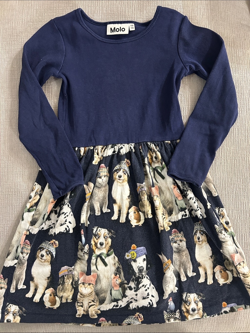 Molo Navy and Multi Puppy-Print Long Sleeve Dress